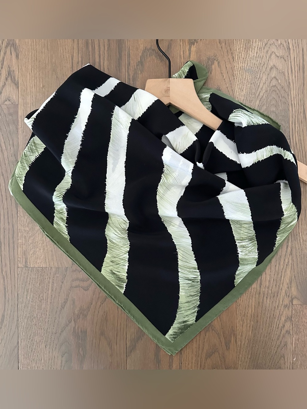 Vintage Zebra Print Silk Square Scarf in Black, Cream, Olive Green 28" x 30"